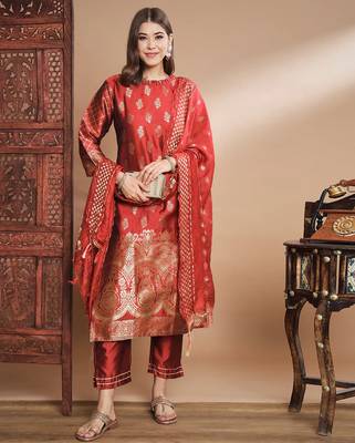 Floral printed cotton silk round neck kurta trouser & dupatta set 1