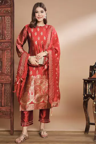 Floral printed cotton silk round neck kurta trouser & dupatta set