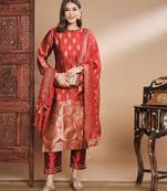 Floral printed cotton silk round neck kurta trouser & dupatta set