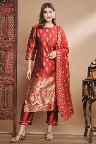 Floral printed cotton silk round neck kurta trouser & dupatta set
