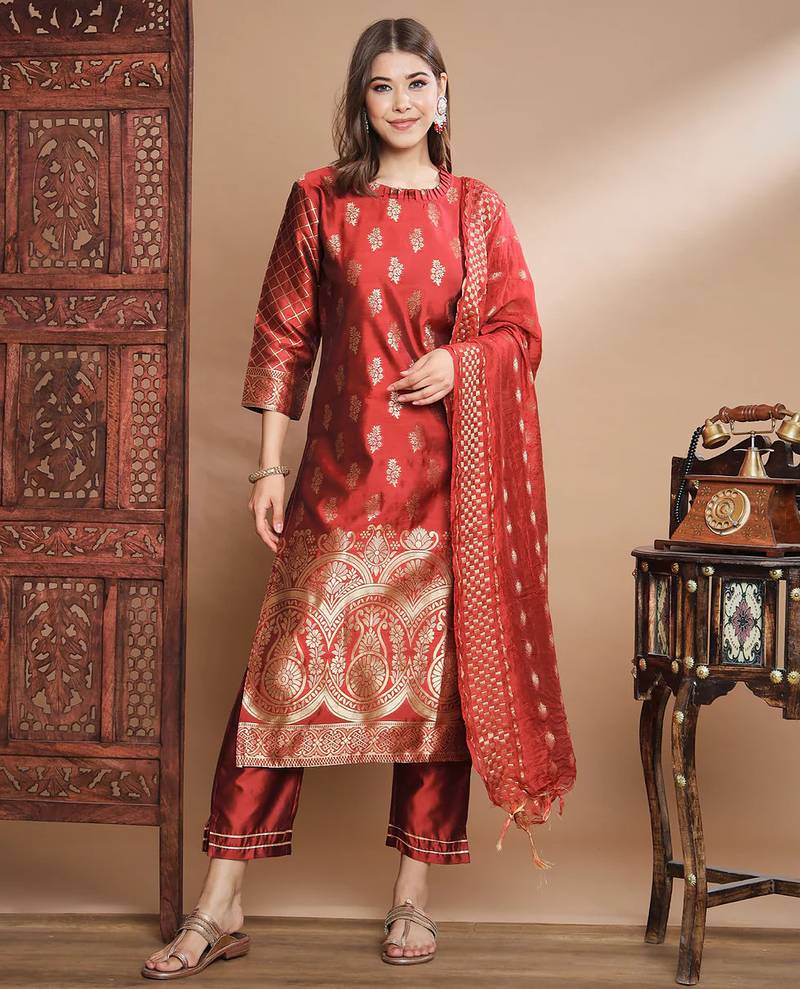 Floral printed cotton silk round neck kurta trouser & dupatta set