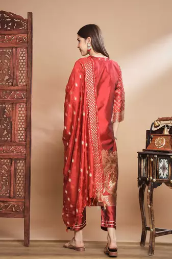 Floral printed cotton silk round neck kurta trouser & dupatta set