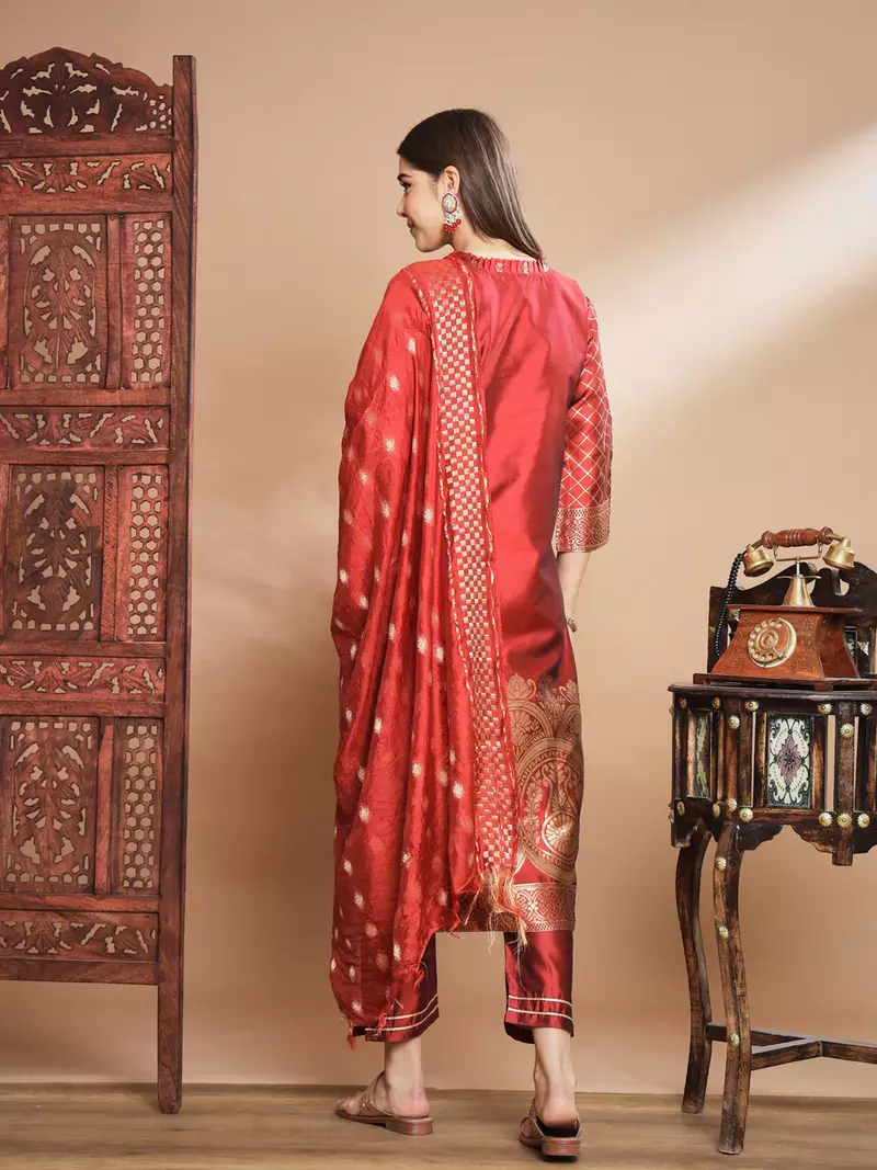 Floral printed cotton silk round neck kurta trouser & dupatta set