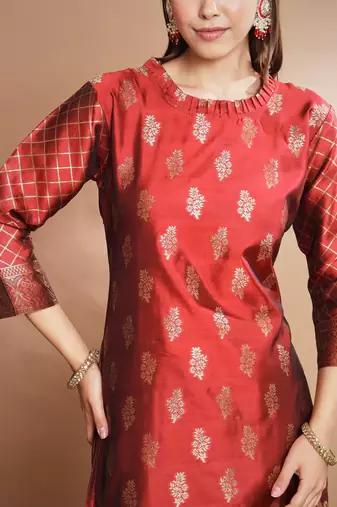 Floral printed cotton silk round neck kurta trouser & dupatta set