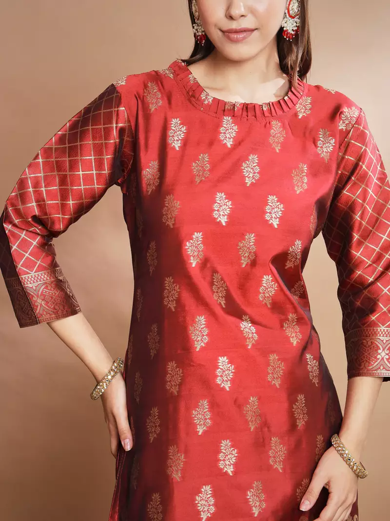 Floral printed cotton silk round neck kurta trouser & dupatta set