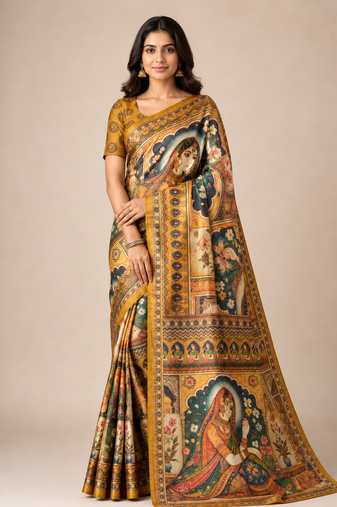 yellow dharmavaram big figure printing type printed jaqurad saree
