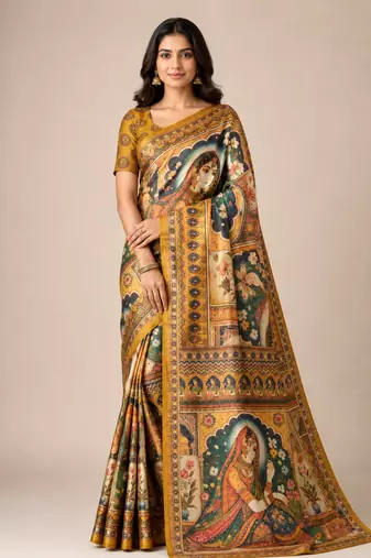 yellow dharmavaram big figure printing type printed jaqurad saree