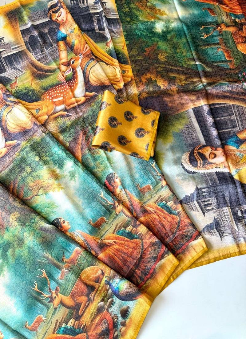 Yellow Color Dharmavaram Big Figure Weaving Printing Type Printed Jaqurad Saree