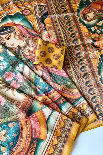yellow dharmavaram big figure printing type printed jaqurad saree