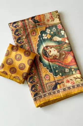 yellow dharmavaram big figure printing type printed jaqurad saree