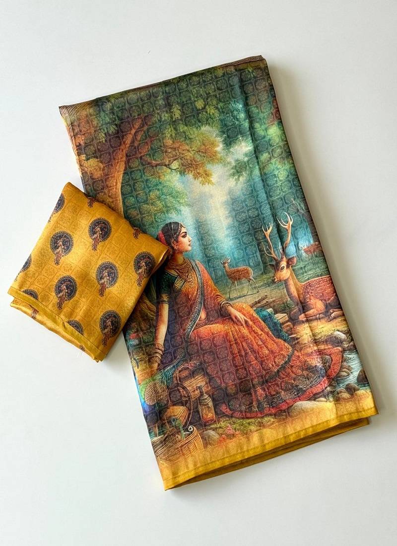 Yellow Color Dharmavaram Big Figure Weaving Printing Type Printed Jaqurad Saree