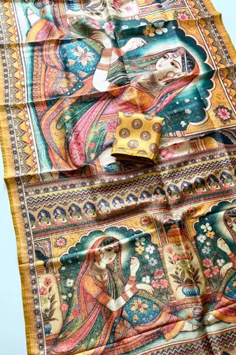 yellow dharmavaram big figure printing type printed jaqurad saree