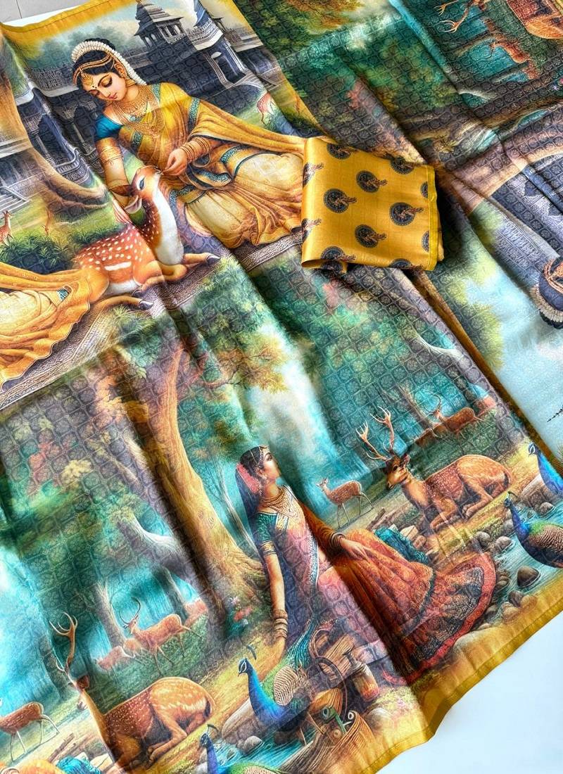 Yellow Color Dharmavaram Big Figure Weaving Printing Type Printed Jaqurad Saree
