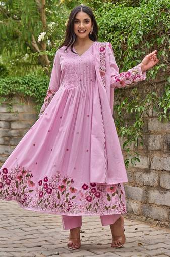 Women's Gorgeous Thread Work Chanderi Sik Fabric Flared Anarkali Pant and Dupatta Set