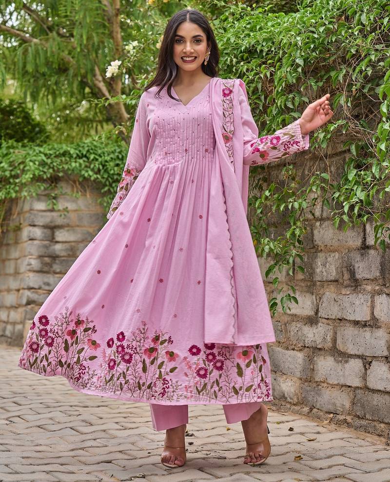 Women's Gorgeous Thread Work Chanderi Sik Fabric Flared Anarkali Pant and Dupatta Set
