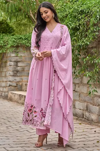 Women's Gorgeous Thread Work Chanderi Sik Fabric Flared Anarkali Pant and Dupatta Set