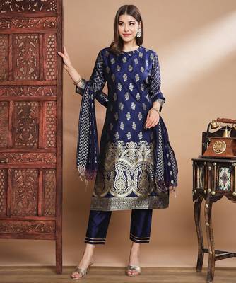 Floral printed cotton silk round neck kurta trouser & dupatta set 1