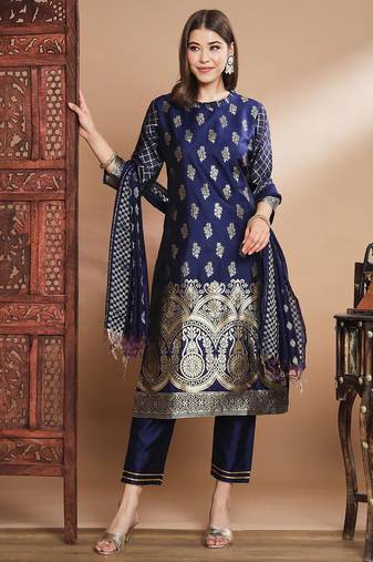 Floral printed cotton silk round neck kurta trouser & dupatta set
