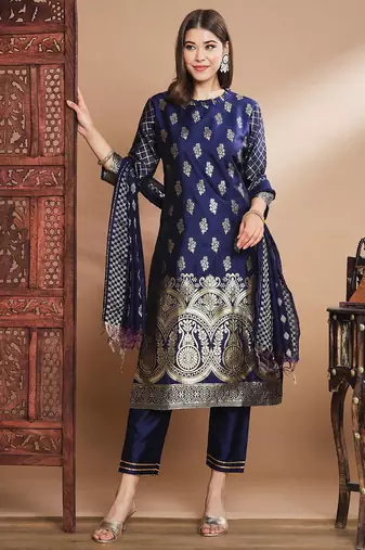 Floral printed cotton silk round neck kurta trouser & dupatta set