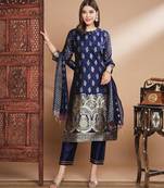 Floral printed cotton silk round neck kurta trouser & dupatta set