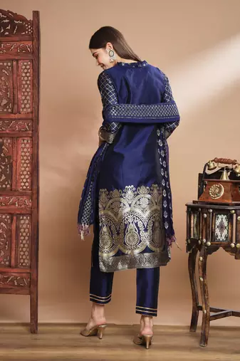 Floral printed cotton silk round neck kurta trouser & dupatta set