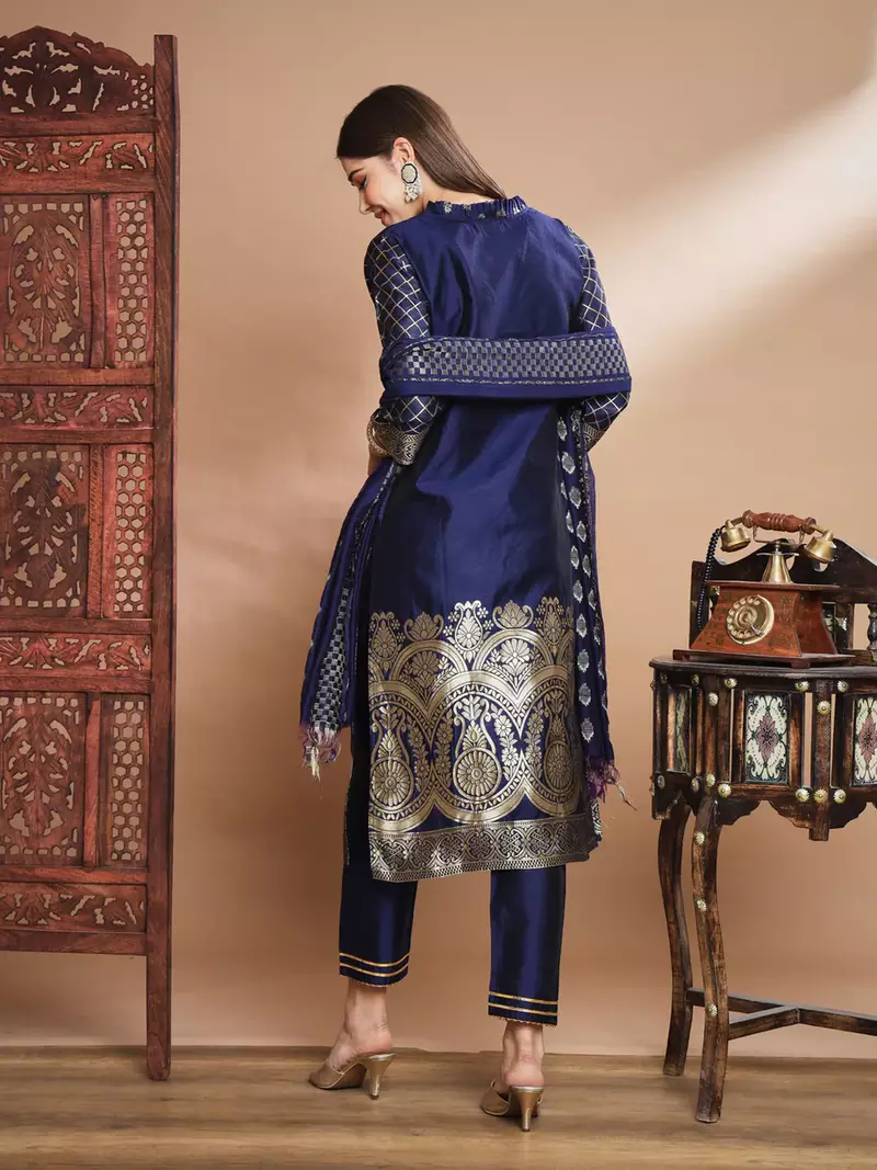 Floral printed cotton silk round neck kurta trouser & dupatta set