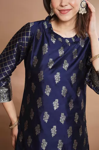 Floral printed cotton silk round neck kurta trouser & dupatta set