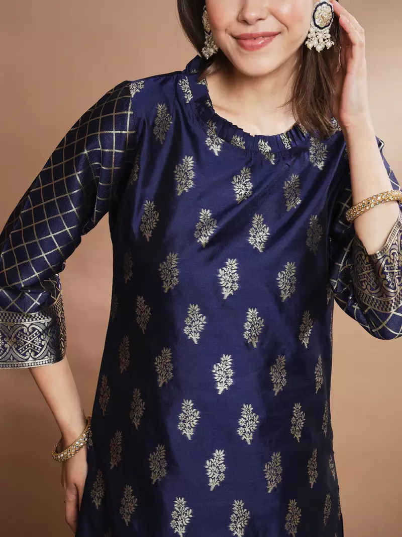 Floral printed cotton silk round neck kurta trouser & dupatta set