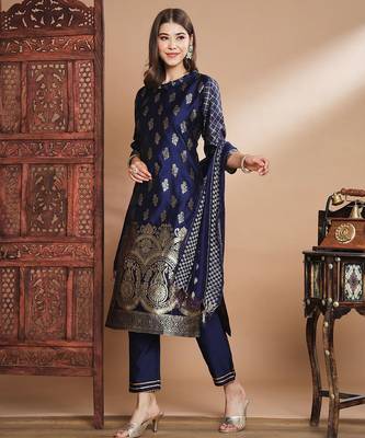 Floral printed cotton silk round neck kurta trouser & dupatta set 4