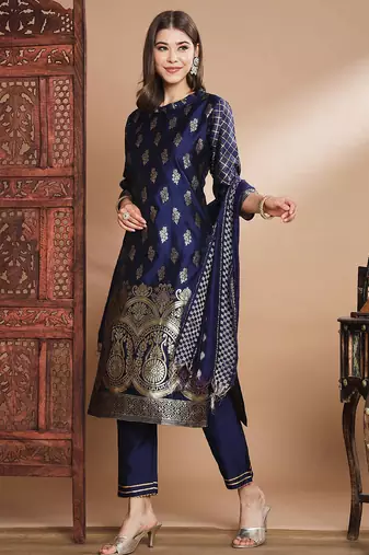 Floral printed cotton silk round neck kurta trouser & dupatta set