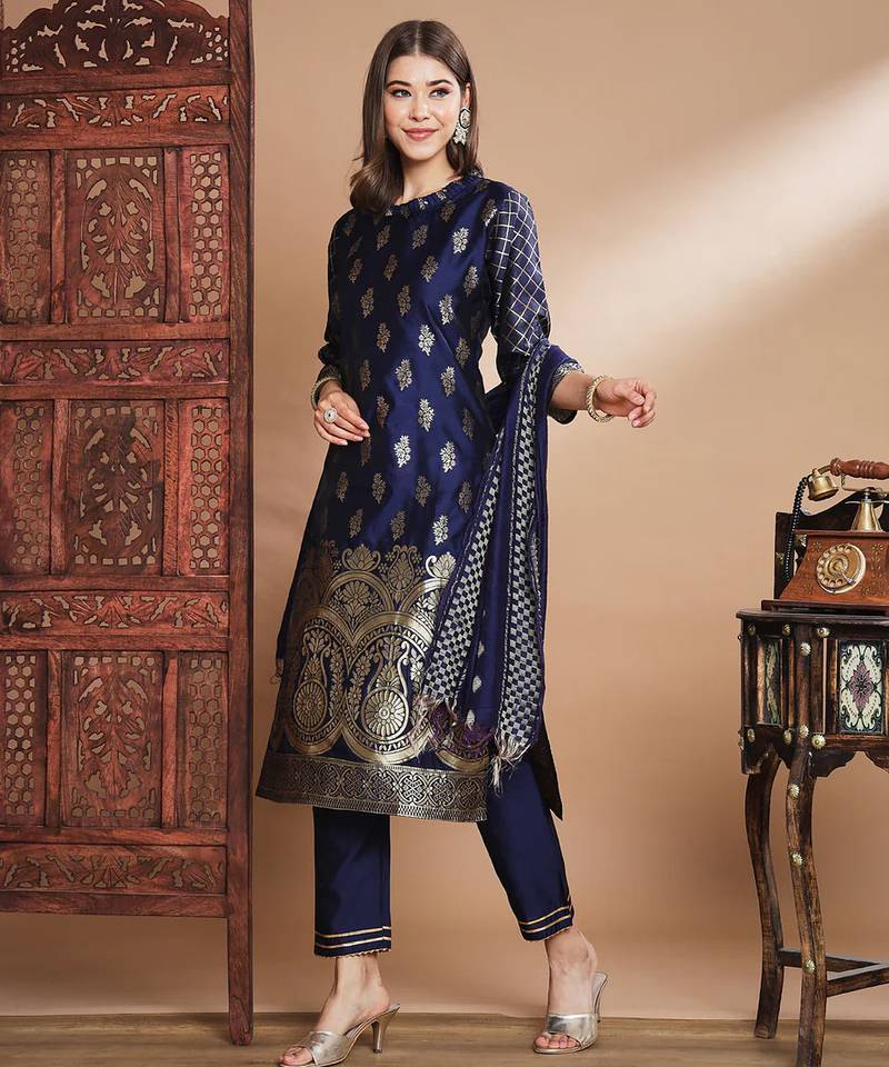 Floral printed cotton silk round neck kurta trouser & dupatta set
