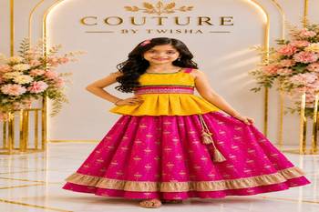 Yellow & pink embellished polyester top with lehenga ethnic wear 2