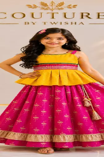 Yellow & pink embellished polyester top with lehenga ethnic wear