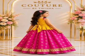Yellow & pink embellished polyester top with lehenga ethnic wear 3