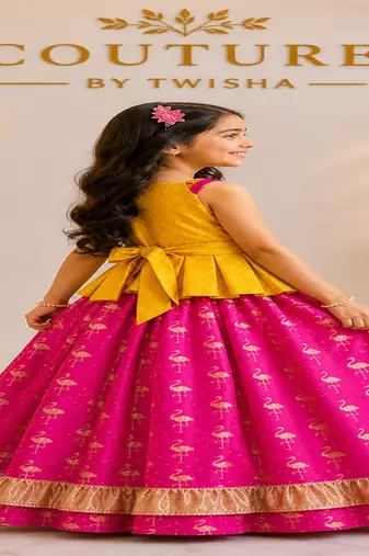 Yellow & pink embellished polyester top with lehenga ethnic wear