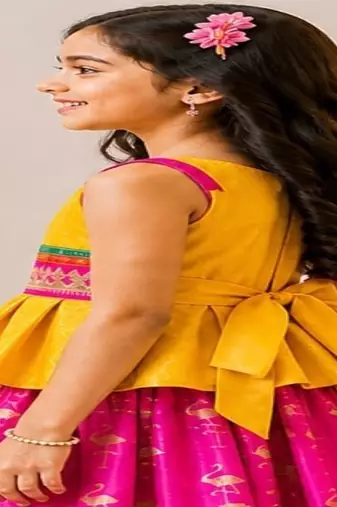 Yellow & pink embellished polyester top with lehenga ethnic wear