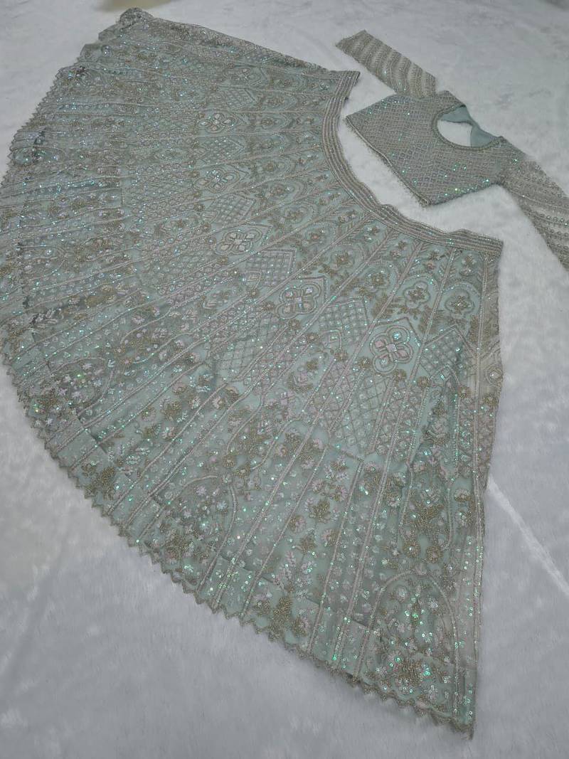 Mint Green Butterfly Soft Net Lehenga Choli 