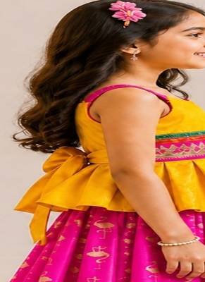 Yellow & pink embellished polyester top with lehenga ethnic wear 5