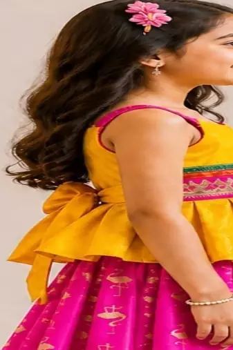 Yellow & pink embellished polyester top with lehenga ethnic wear