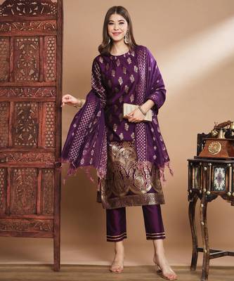 Floral printed cotton silk round neck kurta trouser & dupatta set 1