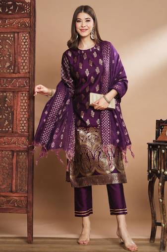Floral printed cotton silk round neck kurta trouser & dupatta set
