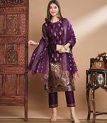 Floral printed cotton silk round neck kurta trouser & dupatta set