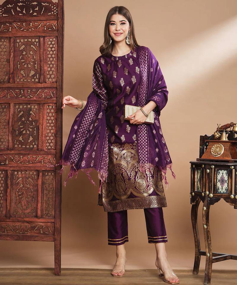 Floral printed cotton silk round neck kurta trouser & dupatta set