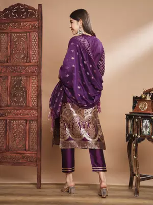 Floral printed cotton silk round neck kurta trouser & dupatta set 2