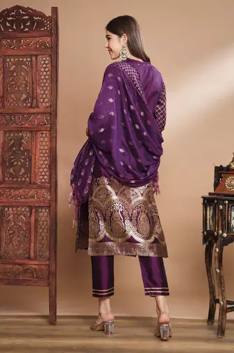 Floral printed cotton silk round neck kurta trouser & dupatta set