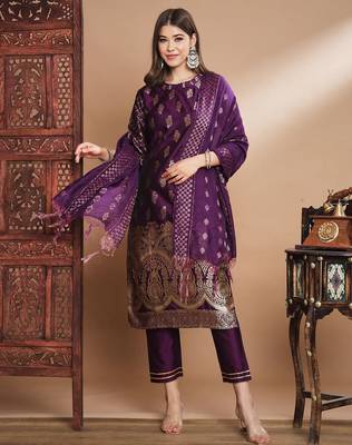 Floral printed cotton silk round neck kurta trouser & dupatta set 3