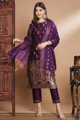 Floral printed cotton silk round neck kurta trouser & dupatta set