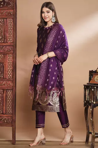 Floral printed cotton silk round neck kurta trouser & dupatta set