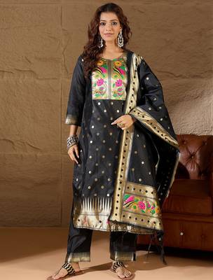 Floral embroidered cotton silk round neck kurta trouser & dupatta set 1