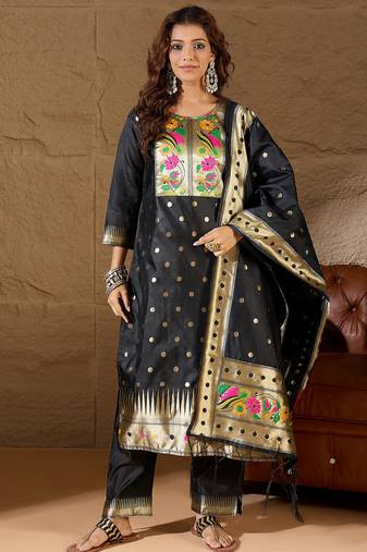 Floral embroidered cotton silk round neck kurta trouser & dupatta set